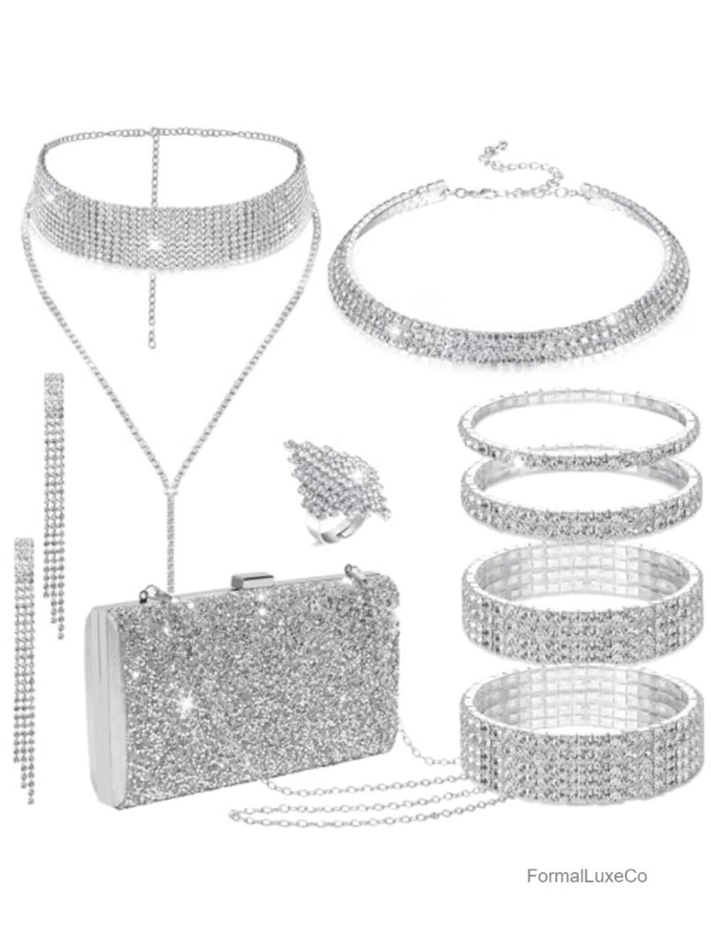 Rhinestone Jewelry Set with Clutch Purse for Women, Wedding Bridal Evening Bag